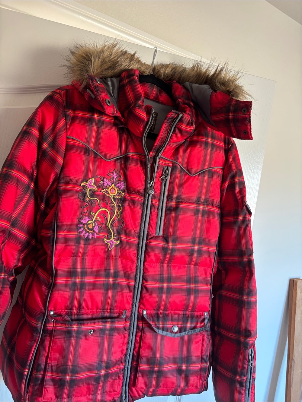 Roper Red Plaid Puffer Jacket with Fur Trim